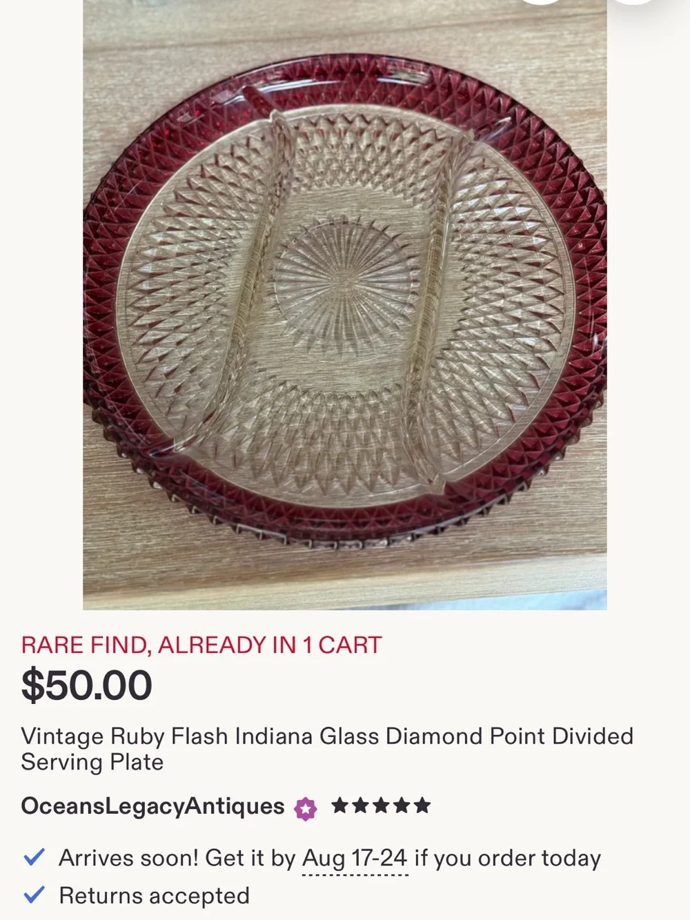 Vintage Ruby flash Indiana glass divided platter